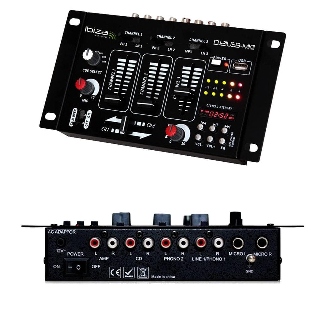 Amplificateur Ibiza Sound Amplificateur sono 2 x 500W MY DEEJAY AX-1000 MyDj + Table de mixage DJ21 4 voies 7 entrées + USB