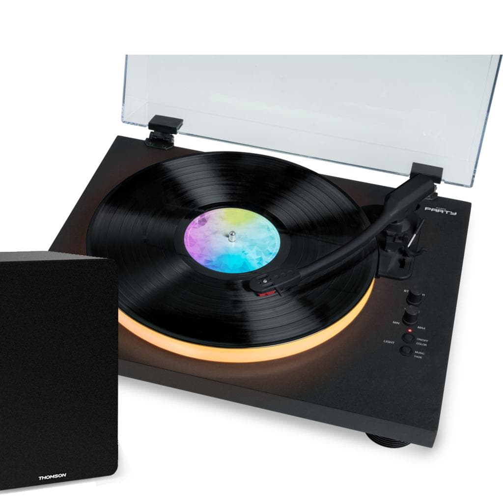 Platine Vinyle Tourne Disque 33/45/78 tours Bluetooth avec Plateau Lumineux LED - Big Ben PARTYBTTDLIGHT, avec Enceintes Thomson Bois 50W