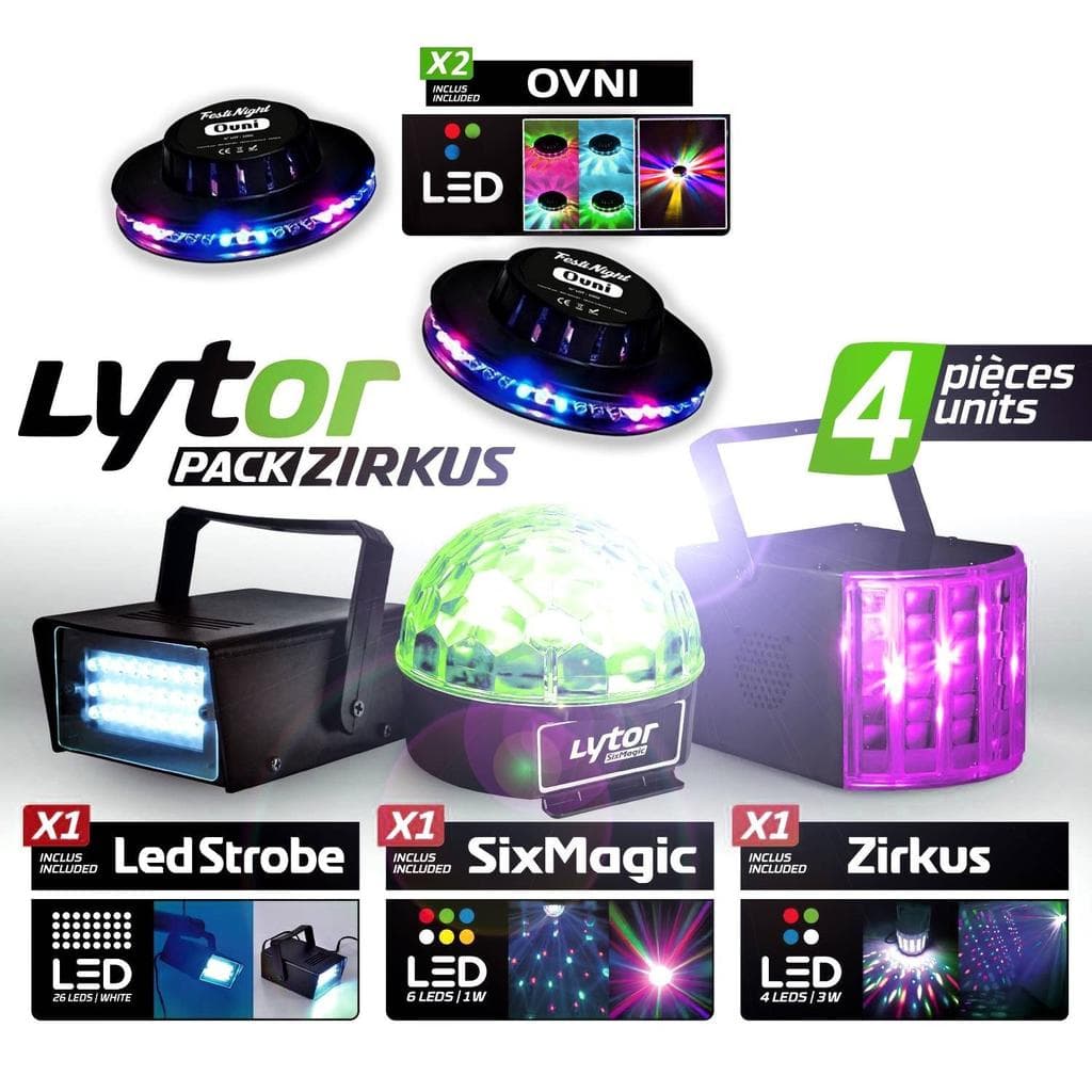 Éclairage PACK ZIRKUS LytOr 5 Jeux de lumière stroboscope + dôme ASTRO 6 LEDs + Derby 4 LEDs RGBW + 2 effets OVNI