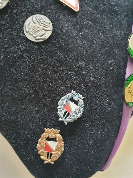 Samling av märken och pins i olika metallmaterial