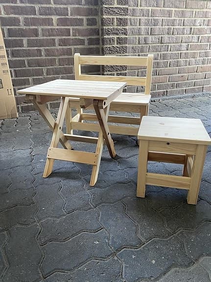 Barnmöbler, bänk, pall & fällbart bord i trä. Handgjorda!!!