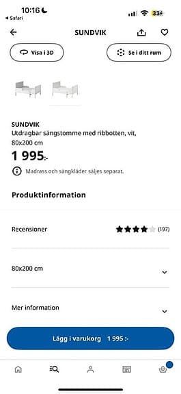 Sundvik Ikea växasäng vit (80x200)