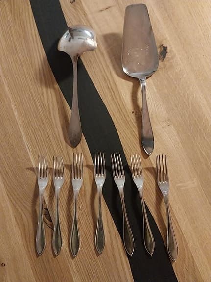 Ny silver Alpaca små gafflar +såssked +tårtspade paketpri