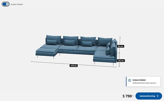 IKEA SÖDERHAMN Hörnsoffa Blå Tyg