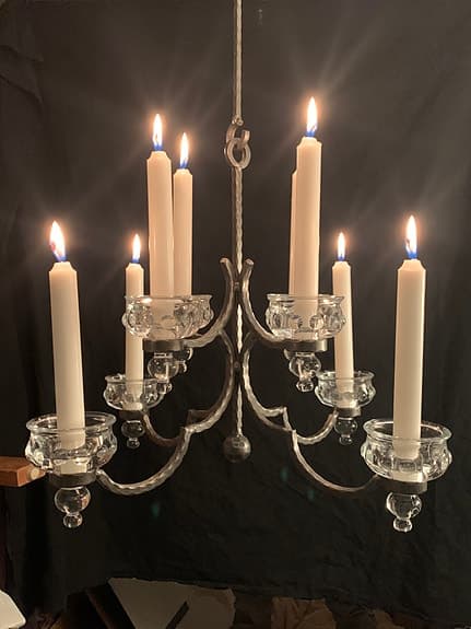 ROLF SINNEMARK. Ljuskrona, Smidesjärn & glas, Boda Smide.1900-talets andra hälft