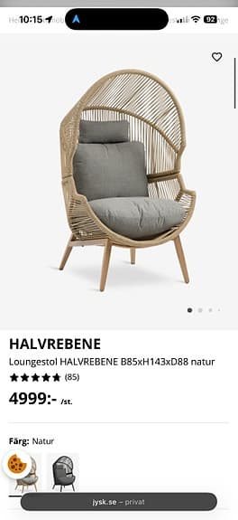 Halvrebene Loungestol natur 85x143x88 cm