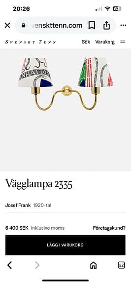 Svenskt Tenn Josef Frank Vägglampa 2335 med lampskärmar Spänd 2332