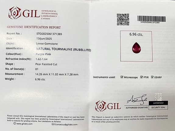 Naturlig Tourmaline Rubellite ädelsten 6,96 ct violett/rosa päronformad slipning