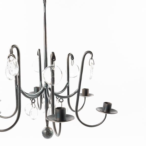 BERTIL VALLIEN. Ljuskrona, 6 ljusarmar med glaskupor Boda Smide