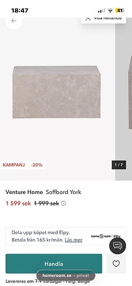 Venture Home York soffbord rektangulärt 80x60 cm marmormönster