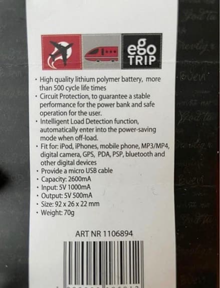 Powerbank till mobiltelefon, padda etc