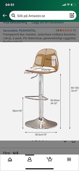 Barstol transparent akryl med kromat stativ och vit sits höj- och sänkbar