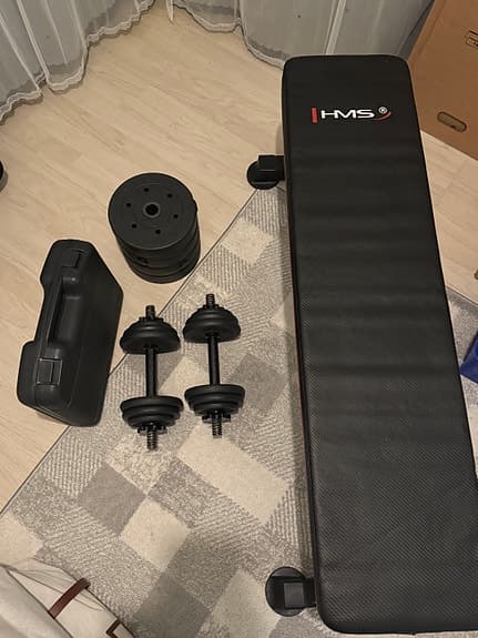 HMS Träningsbänk med hantlar och viktplattor