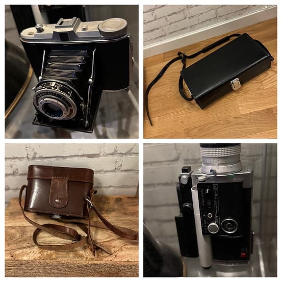 2st fina antika kameror varav en Super8, med tillhörande kameraväska