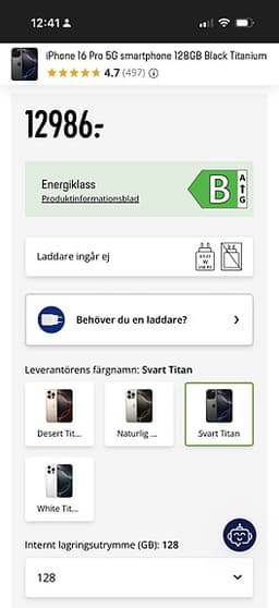Apple iPhone 16 Pro 128 GB Svart Titan