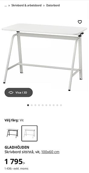 Vitt skrivbord gladhöjden 100x60cm