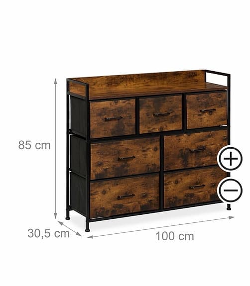 Kommod / byrå med 7 tyg-lådor – industrial design (ny i kartong)