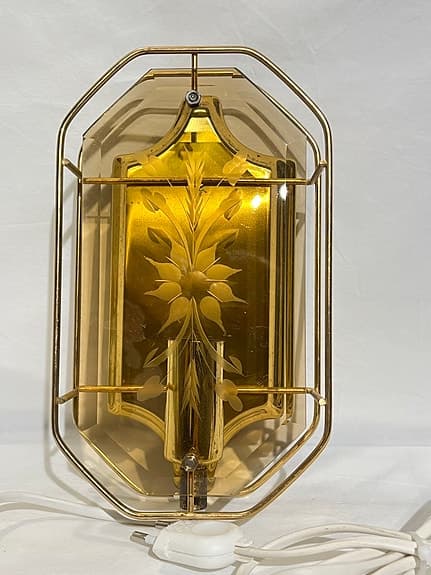 Facklam vägglampa i mässing & bärnstensglas – Vintage 60/70-tal