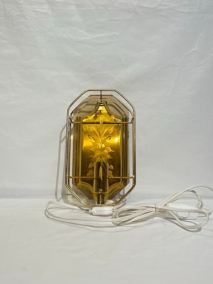 Facklam vägglampa i mässing & bärnstensglas – Vintage 60/70-tal