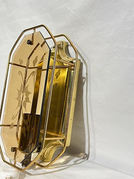 Facklam vägglampa i mässing & bärnstensglas – Vintage 60/70-tal