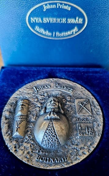 Medalj >111 g i silver Johan Printz, Nya Sverige 350 år 110/1500