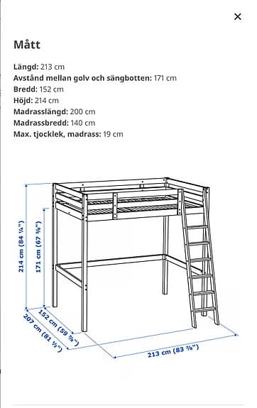 IKEA loftsäng vit trä 214 cm höjd