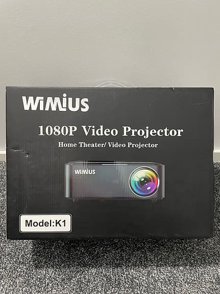 Projector WIMIUS 1080P with stand projector and sliding screen projector.