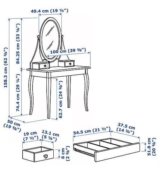 HEMNES Ikea Toalettbord med spegel, vit, 100x50 cm