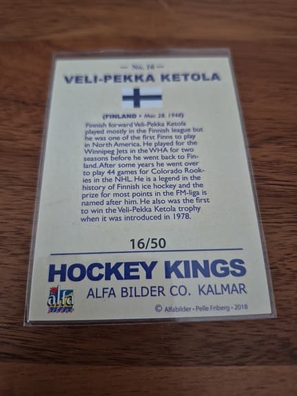 206/ Nr 16 V.P. Ketola Alfa Hockey Kings 50 ex Nyskick Samlarobjekt