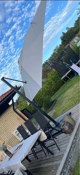 Parasol Deluxe med stativ och beige tyg, 3x4, helt ny