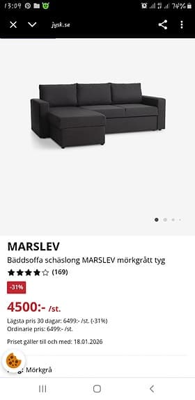 Marslev Bäddsoffa Schäslong mörkgrått tyg