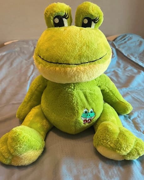Grön mjukisdjursgroda med broderad detalj