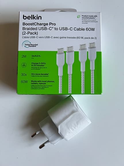 Apple original laddare USB-C 20W + Belkin USB-C kabel 2m