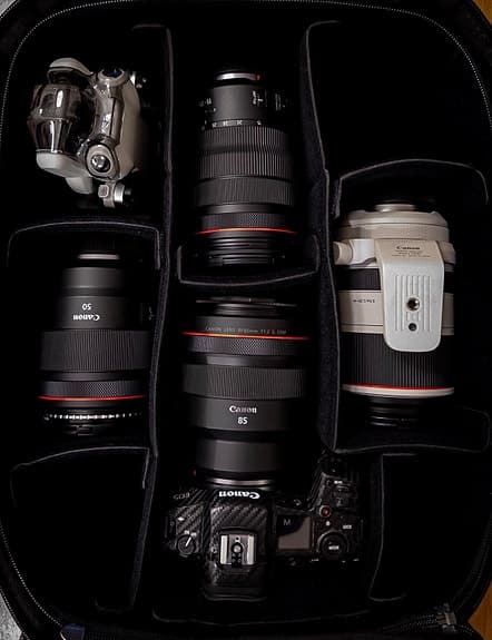 Canon R5, canon RF 85mm f1.2, Canon RF 15-35 f2.8 Mavic mini 4pro