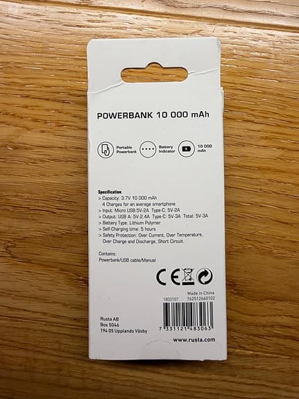 Powerbank 10 000 mAh svart