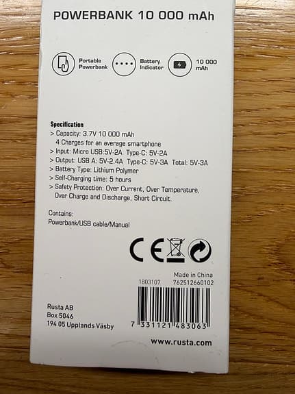 Powerbank 10 000 mAh svart