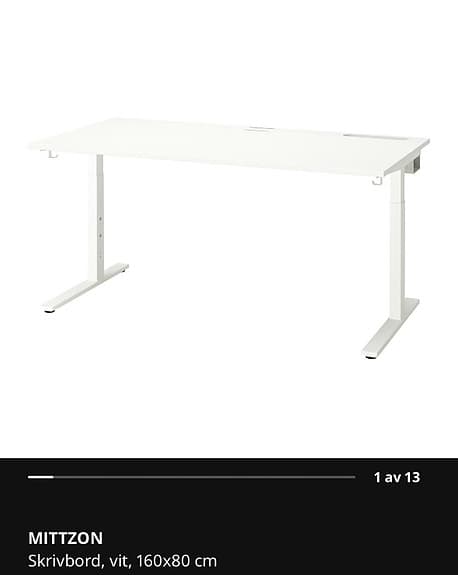 Mittzon skrivbord, vit, 160x80
