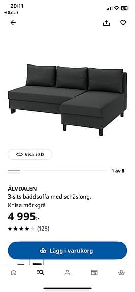 IKEA Älvdalen bäddsoffa med schäslong mörkgrå
