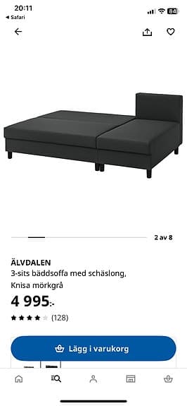 IKEA Älvdalen bäddsoffa med schäslong mörkgrå