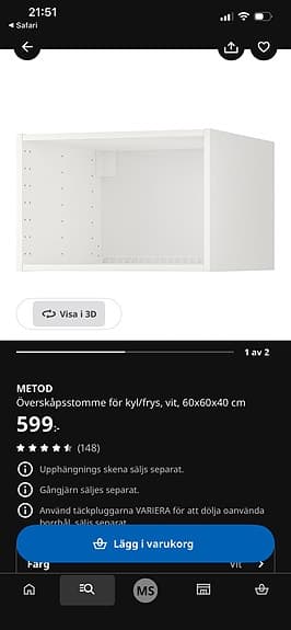 Överskåpsstomme kyl/frys 2st.