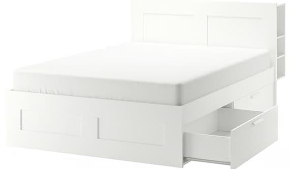 Bed frame w storage and headboard, white/Lönset and mattress