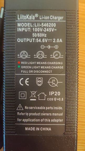 El cykel/sparkcykel LiitoKala 48V (54.6V) 2A batteriladdare