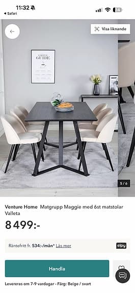 Venture Home Maggie matgrupp med 6 stolar svart bord beige tyg