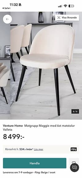 Venture Home Maggie matgrupp med 6 stolar svart bord beige tyg