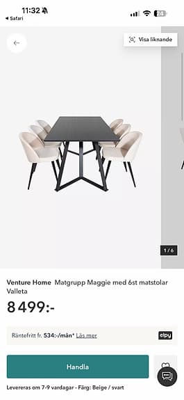 Venture Home Maggie matgrupp med 6 stolar svart bord beige tyg
