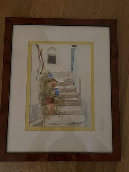 Tavla akvarellmotiv trappa med krukor i ram