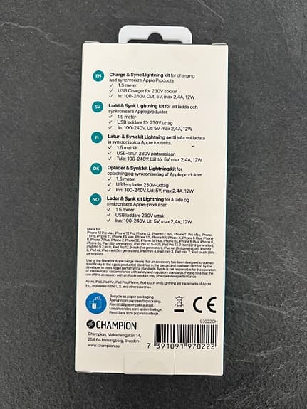 Champion Charge Sync Lightning-kit laddare med Lightning-kabel iPhone/iPad/iPod