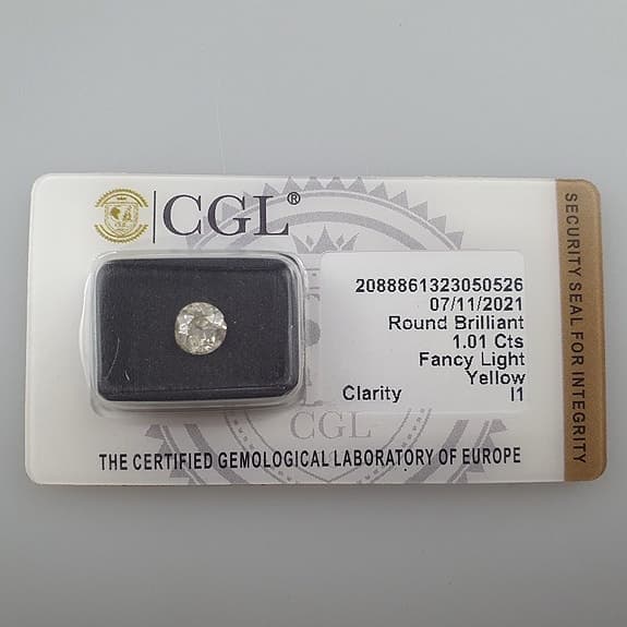 CGL rund briljantslipad diamant 1,01 ct fancy light yellow