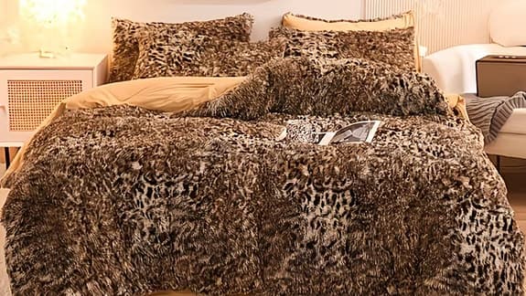 Sängöverkast leopardmönster långhårigt brun 250x240 cm