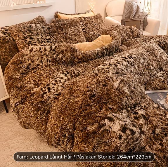 Sängöverkast leopardmönster långhårigt brun 250x240 cm